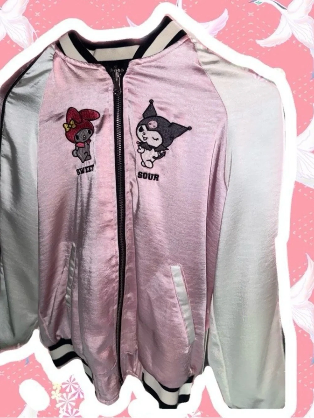 Forever 21 Black and White Bomber Jacket with Pink Character Embroidery